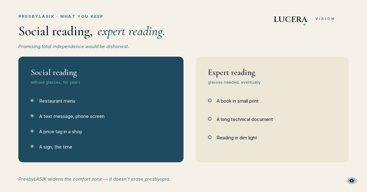 Social reading (without glasses, for years) versus expert reading (glasses needed, eventually): what PresbyLASIK preserves.